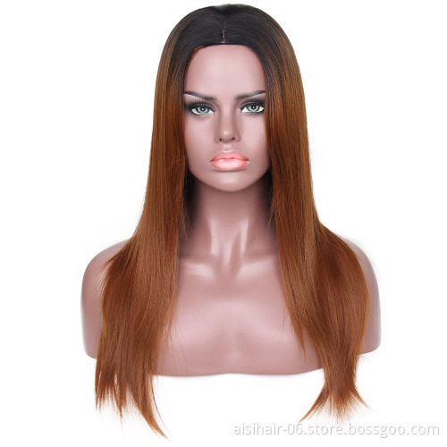 Aisi Hair Top Selling Long Silky Straight Wave Wigs For Black Women Ombre Brown Color Synthetic Fiber Wigs
